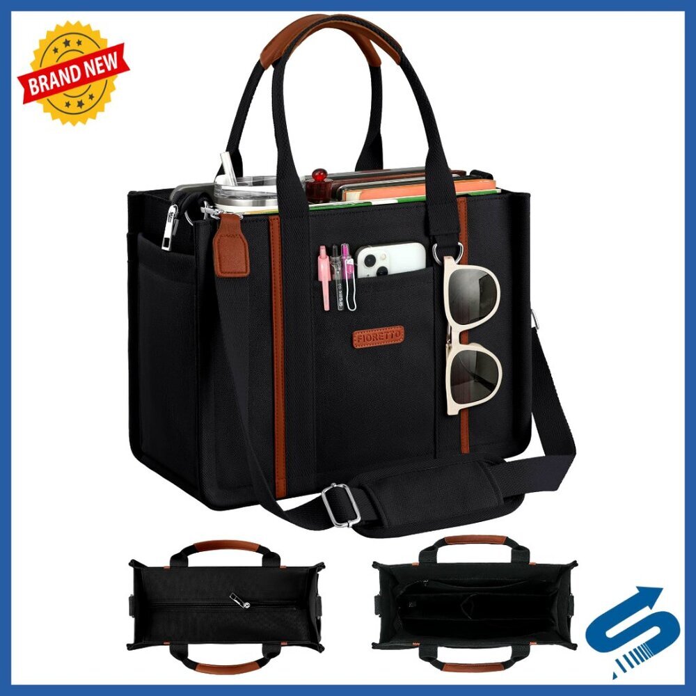 Canvas Tote Bag with Zipper Multi Compartment Reinforced Bottom Work Travel
